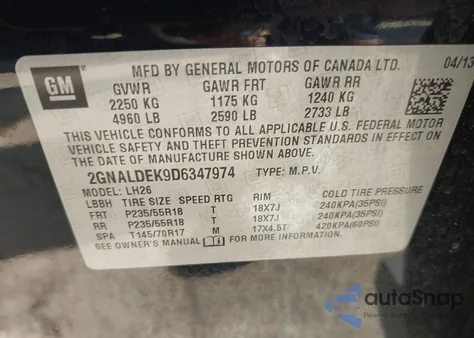 2013 Chevrolet Equinox 1Lt из США, поврежденный, VIN 2GNALDEK9D6347974